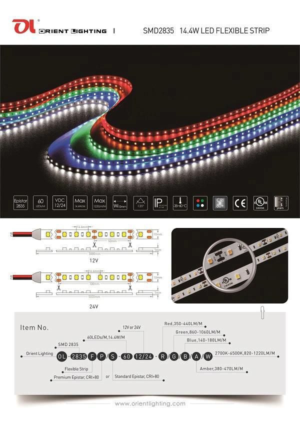 Epistar 2835 60LEDs 14.4W 24V 4000K IP20 Strip Light LED with UL Ce