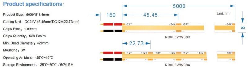 COB LED Strip Ligthing DC12V24V 5m 8mm10mm CCT Linear Dotless
