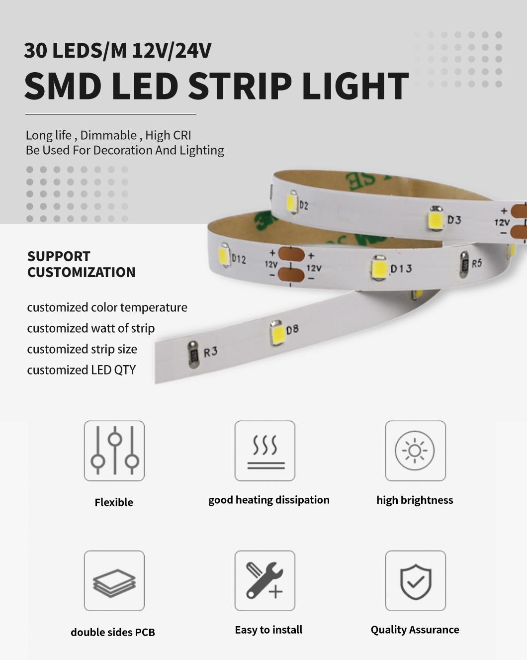 High Quality 2835 LED Strip 12/24V 30LEDs/M with IEC/En62471