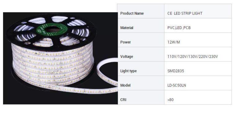 Hot Selling Decorative Ce RoHS Single Line Outdoor/Indoor 230V 2835-144 LEDs/M Flexible LED Strip Light 50m/Roll Waterproof