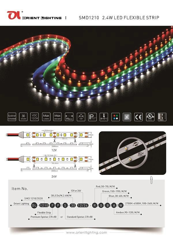 UL Ce SMD 1210 30 LEDs/M IP43 LED Flexible Strip Light