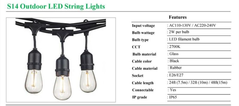 IP65 S14 String Light 7.5m with 12PCS LED Filament Bulbs