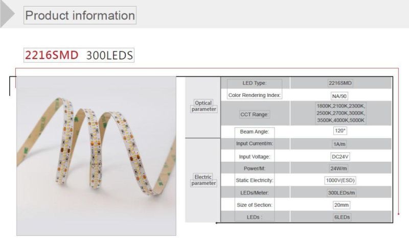 Manufactor Direct Sell SMD LED Strip Light 2216 300LEDs/M DC24V for Home/Office/Building