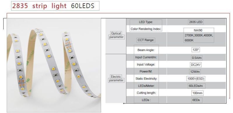 Installable Indoor Decorate Simple Cuttable SMD LED Strip Light 2835 60LEDs/M DC24V