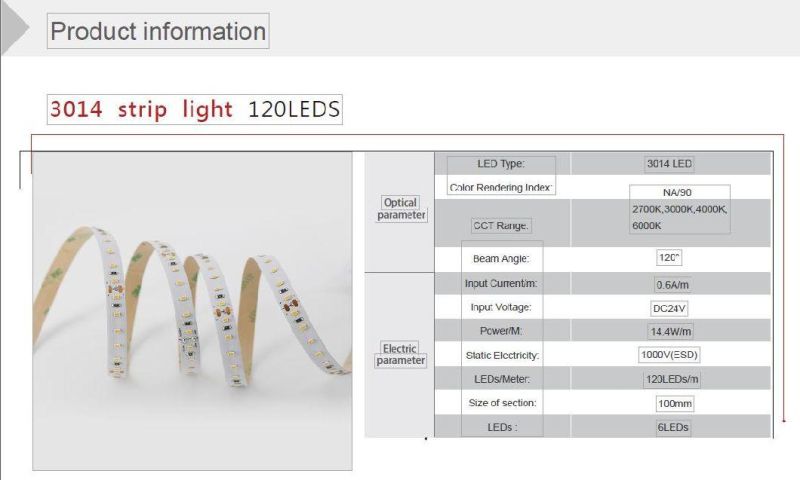 Indoor Decorate Simple Cuttable Installable SMD LED Strip Light 3014 120LEDs/M DC24V