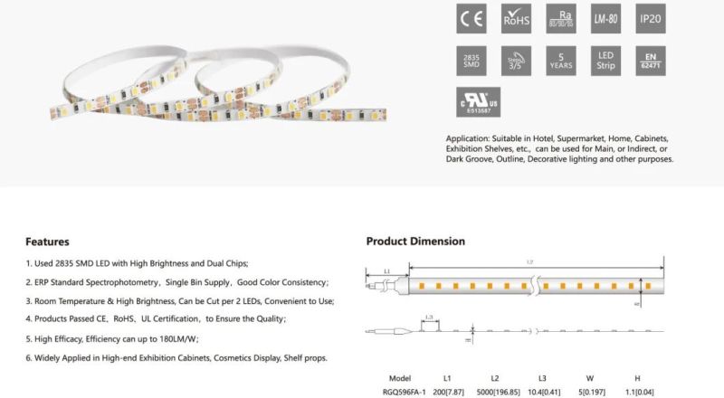 UL, CE Approved 2835SMD 96 LEDs 12V LED Strip Lights