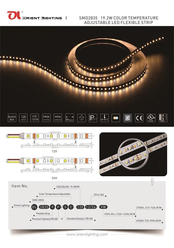 UL Ce Epistar 2835 IP66 Color Temperature Adjustable LED Strip Light