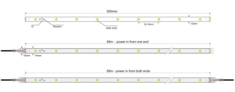 68m IP67 Good Quality 5050SMD 1800-6500K Single/RGB/CCT LED Strips with Male and Female Connnector, Ce, RoHS Support