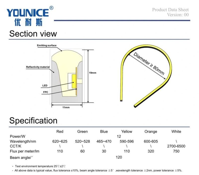 Size 11*19mm 120 Degree RGB/White/Yellow/Orange LED Neon Strip
