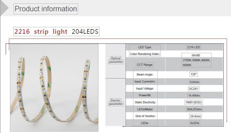 Energy Saving Simple Wholesales SMD LED Bar Light 2216 204LEDs/M DC24V with CE/UL/RoHS Certificate