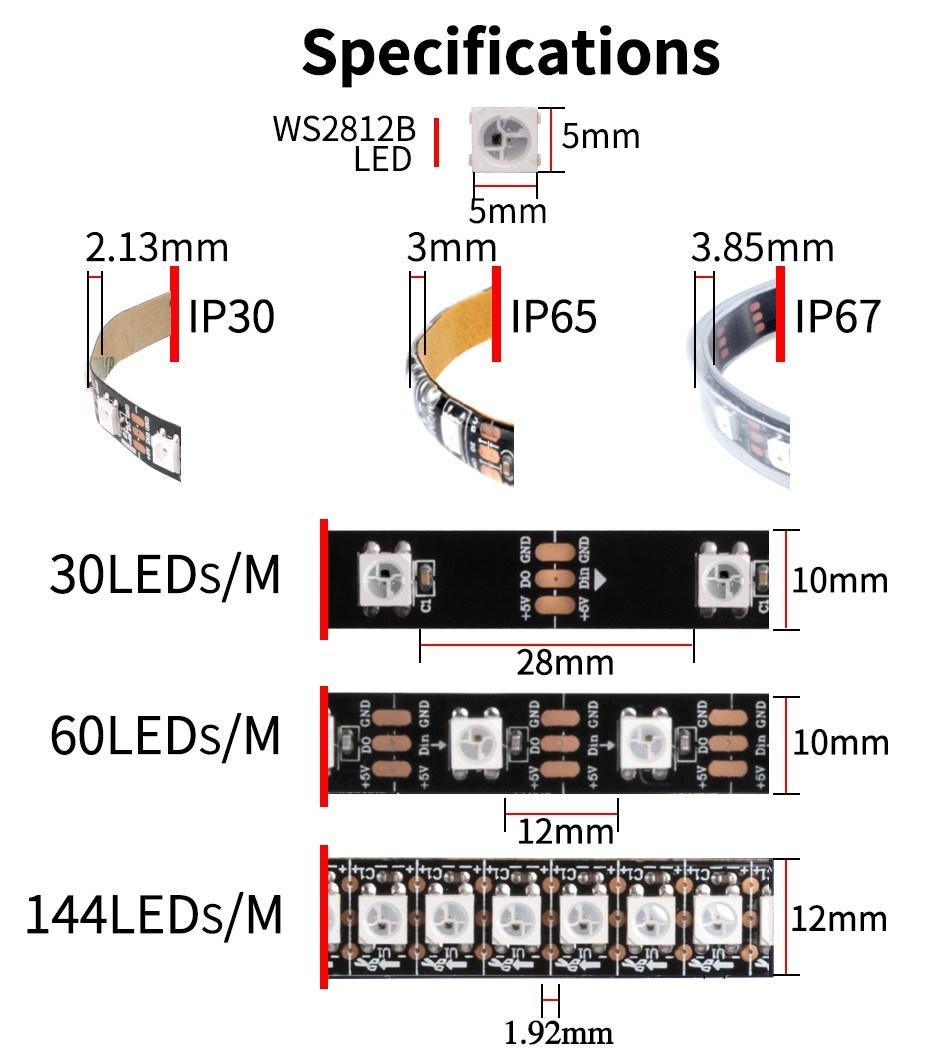 16.4FT Wide Voltage 32 Pixels/M Ws2812b Digital Addressable RGB Dream Color LED Strips