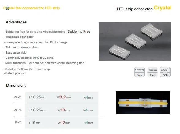 6/8/10mm Seamless Crystal Solder-Free Quick Connector for COB LED Strip