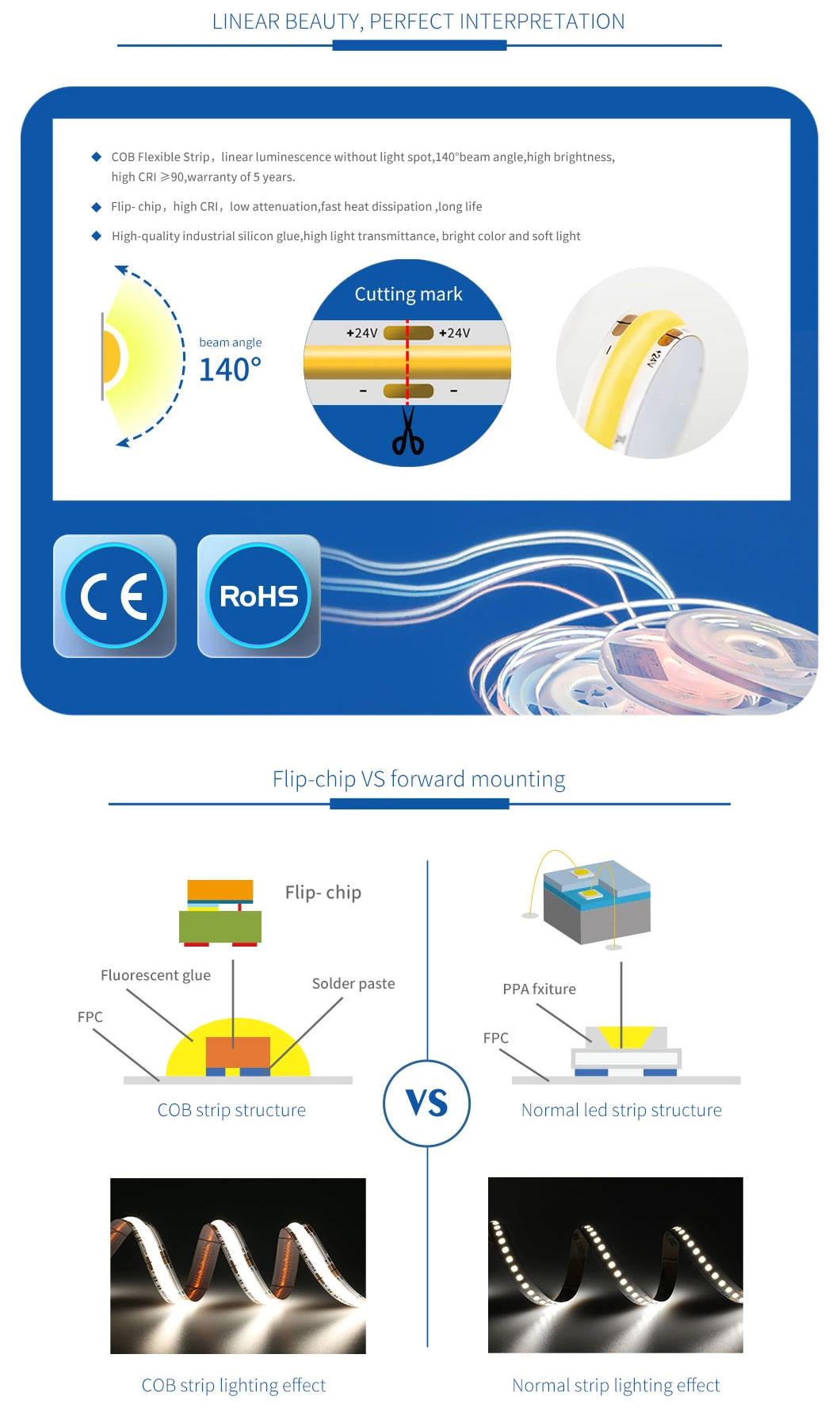 COB CRI≥ 90 DC24V 720LEDs/M 6500K 8mm High Efficiency Uniform Soft Lighting LED COB LED Flex Strip