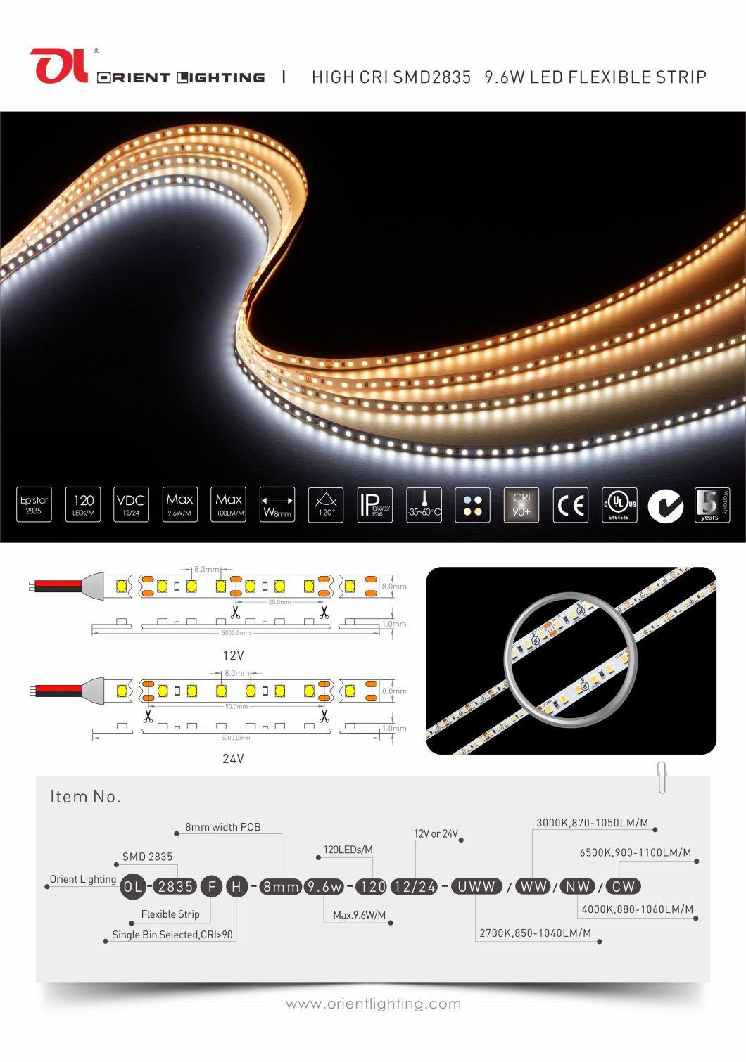 UL Ce 2835 120LEDs 9.6W Flexible LED Strip Lighting