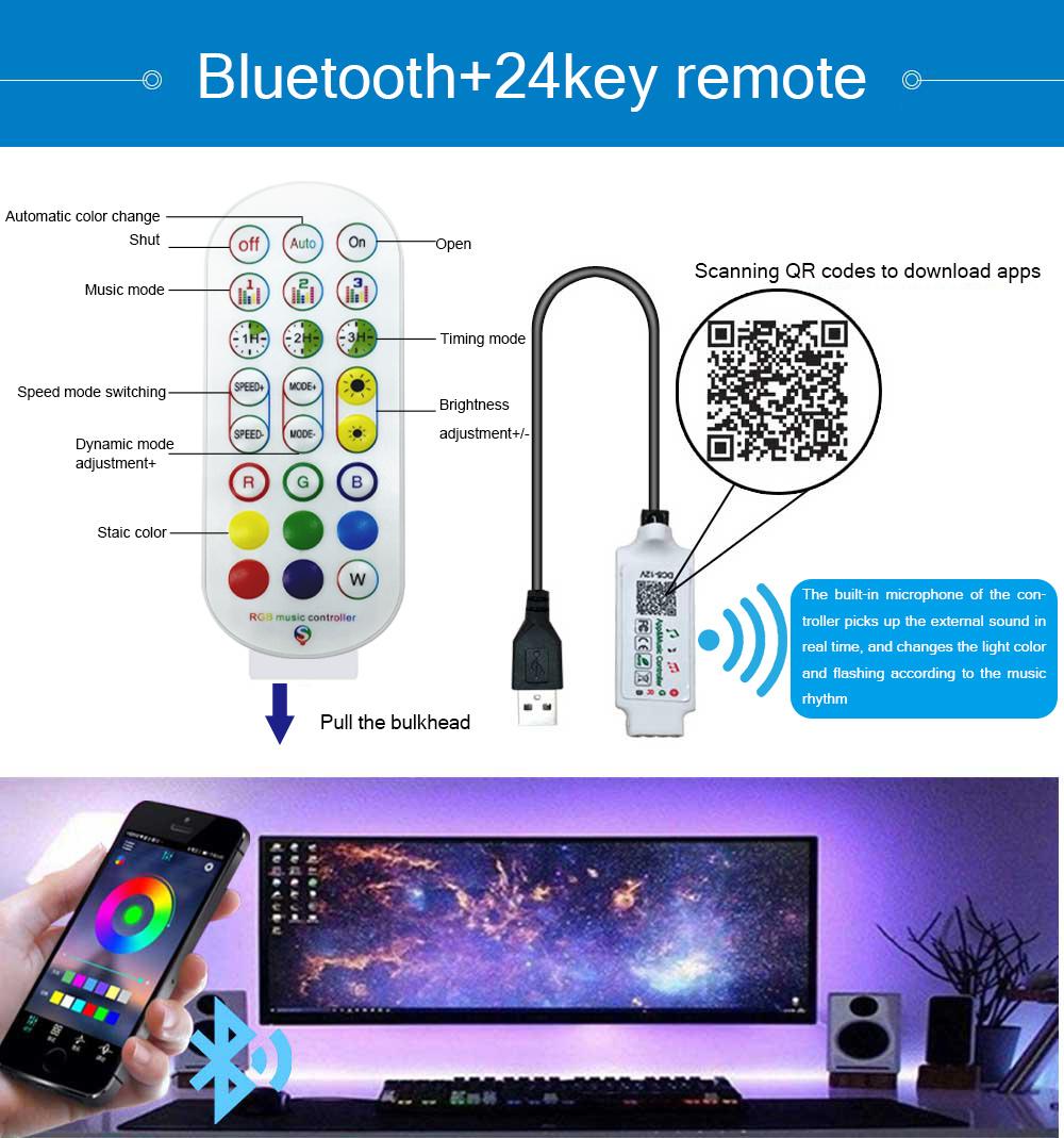 24 Key IR Remote APP Control Music Sound Sensor 5V USB Power 5050 RGB LED Strip Light for TV Backlight