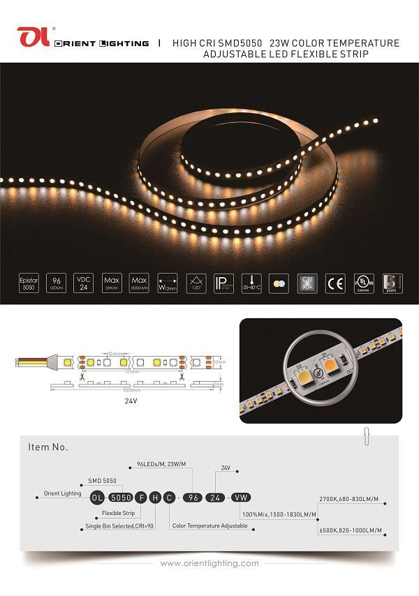 Epistar 5050 Variable White Color 96 LEDs/M 23W/M LED Strip Lighting