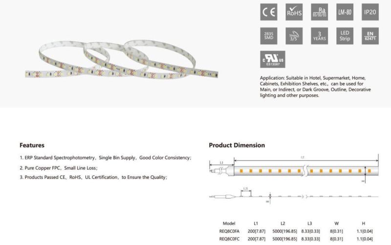 TUV-CE, UL Approved 8mm 2835SMD 120LEDs Flexible LED Strip Lights