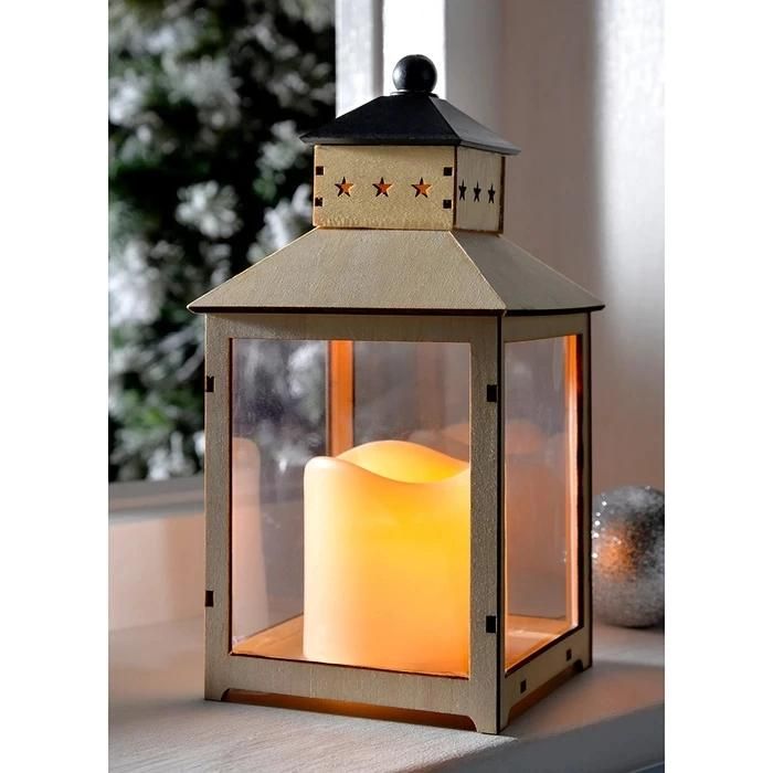 Wooden Lantern with Flickering LED Candle Christmas Decoration