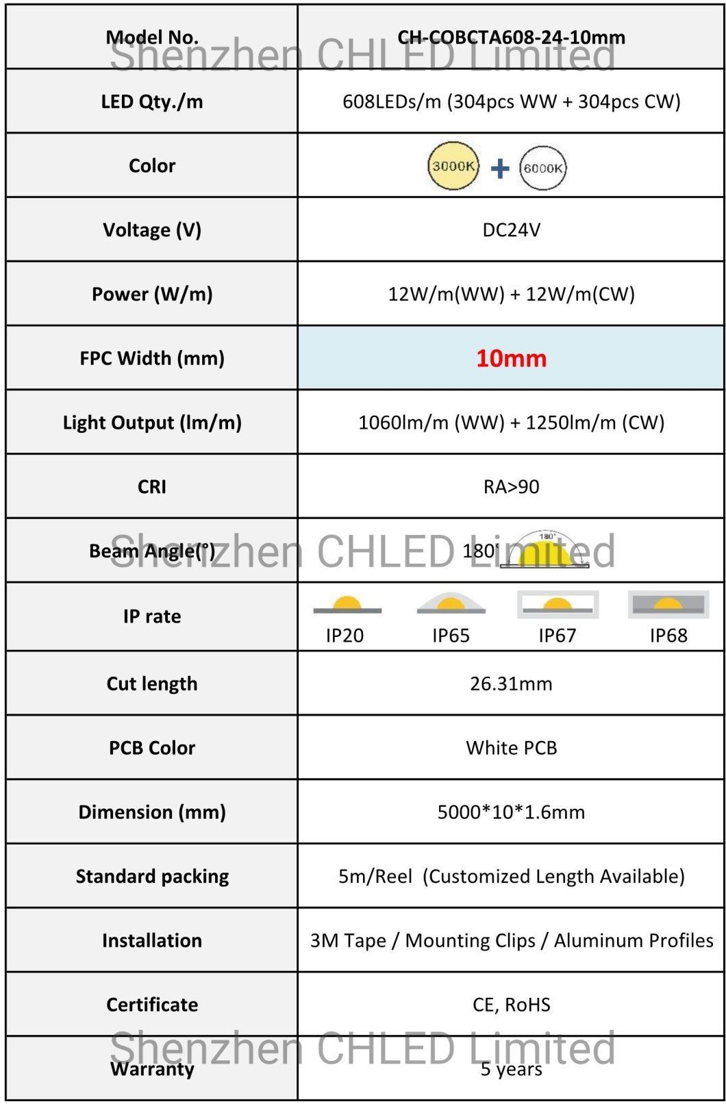 3000K 6000K White IP65 IP67 IP68 Waterproof LED Light 8mm 10W 24V LED Strip Light COB LED Light Strip for Indoor Outdoor Decoration Light