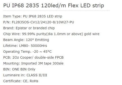 Waterproof LED Strip PU IP68 2835 120LED/M Flex LED Strip