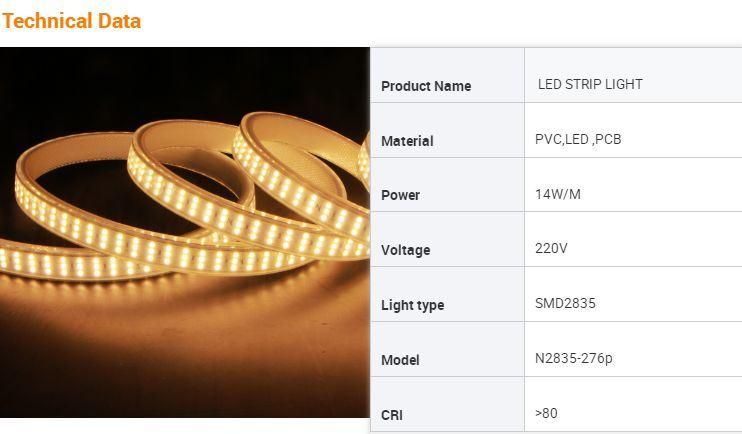 Super High Brightness 1500lm/M Flexible LED Strip Light 14W/M SMD2835 276LEDs/M Triple Lines Rope Light Waterproof IP65