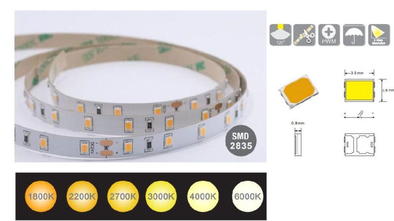 ETL CE RoHS IP20 SMD2835 60LEDs/M 8mm Width DC 12V 24V Warm White 3000K Light Flexible Strip LED Lamp