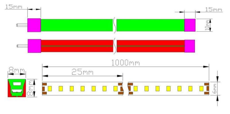 SMD 2835 IP65 Warm White Flexible Top View LED Neon Strip Light 8*8mm