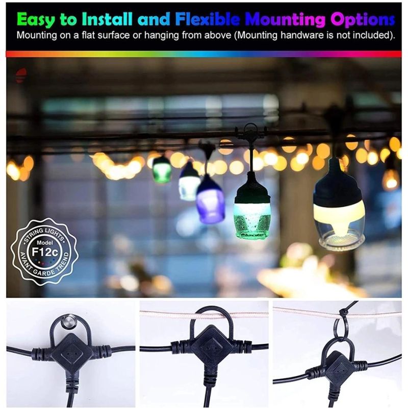 RGB Outdoor String Lights, Sync to Music, 12 Shatterproof Bulb, Backyard Hanging Patio String Lights