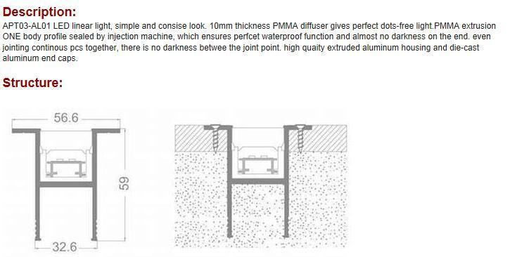 Apt03 Waterproof No Darkness PC Diffuser Inground Light Architectural LED Aluminum Profile with 2835SMD 120LEDs/M Strips