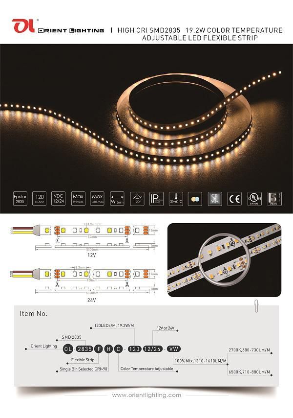 UL Ce Epistar 2835 CTA 120LEDs 19.2W 24V 2700K -6500K LED Tape