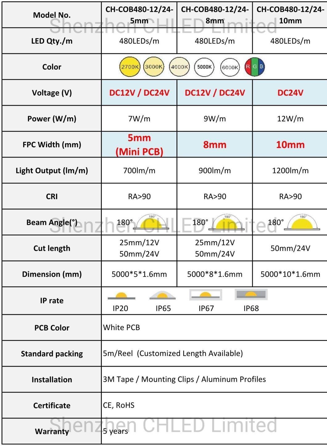 Outdoor IP67 Decorative Lighting 3000K 10mm 12W 24V 480LEDs/M LED Strip Light COB LED Light Waterproof Strip