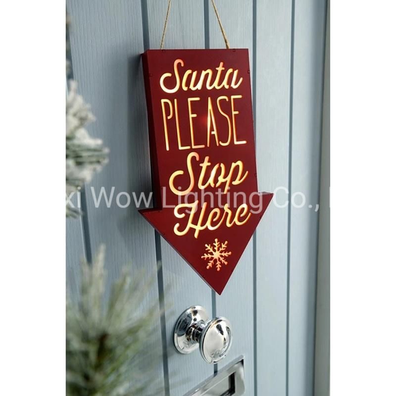 Hanging Santa Please Stop Here Sign Christmas Decoration Wood 31 Cm - Red