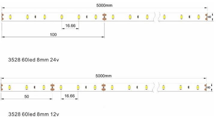 DC 24V/ 12V2835SMD IP20 IP65 60LEDs High Efficiency LED Strip Lamp with Epistar Chips for Industrial String Lights