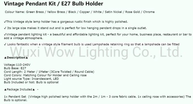 Vintage E27 Ceiling Pendant Cord Flex Hanging Lamp Holder Light Bulb Fitting Kit