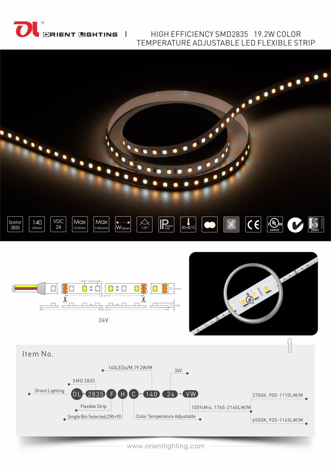 2835 SMD 140 LEDs/M 10mm Color Temperature Adjustable CCT LED Strip Light