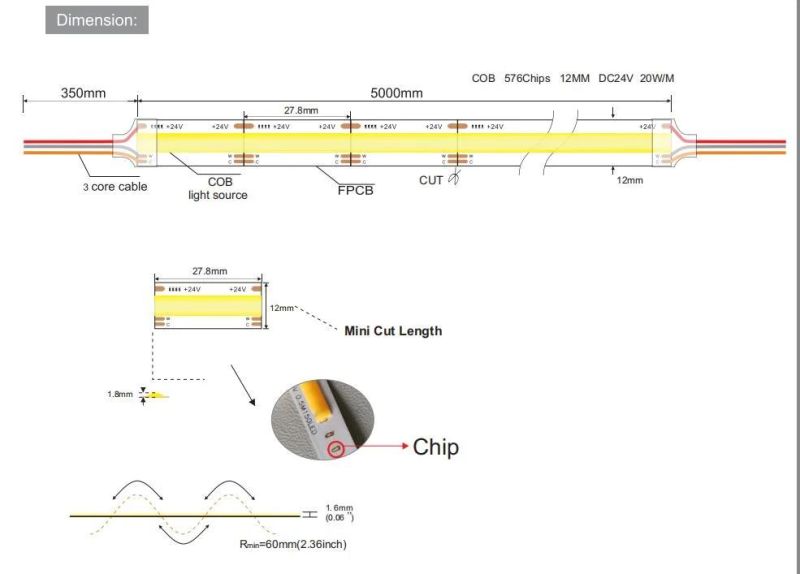 Factory Price 576LEDs/M DC24V COB Dual Color Strip Lights CCT 2700K-6500K Flexible COB LED Strip Light