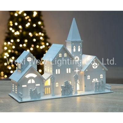 Wooden Church Scene Illuminated with 4 Warm LED Lights - White