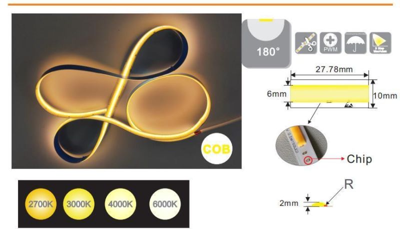 Customized Length 504LED Chips DC12V 10W Ra90 2700K 8mm COB Flexible LED Strip