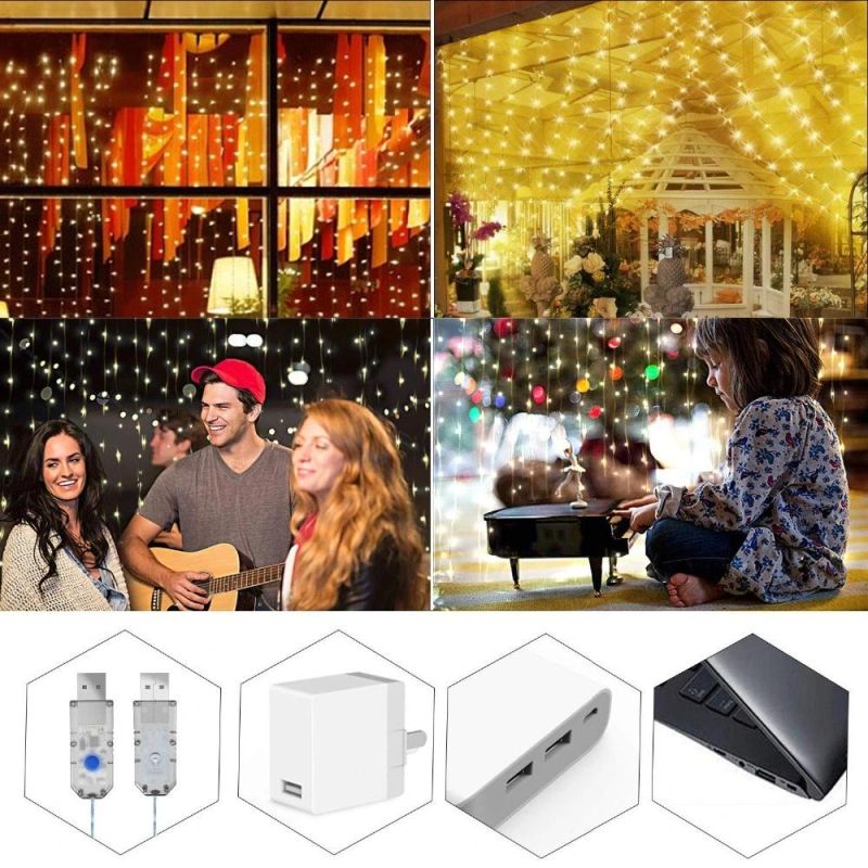 300 LED 3X3m, 8 Modes, USB Charging Battery Powered Curtain String Fairy Lights