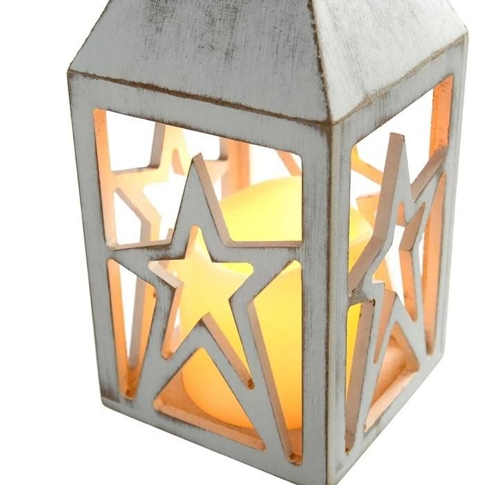 Lantern Christmas Decoration Wood 21.5 Cm White Star Christmas Lights