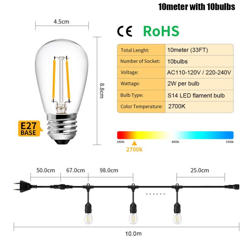 IP65 S14 Outdoor Indoor LED Patio String Light with Edison Bulb 2700K Warm White for Wedding Party Backyard Hotel