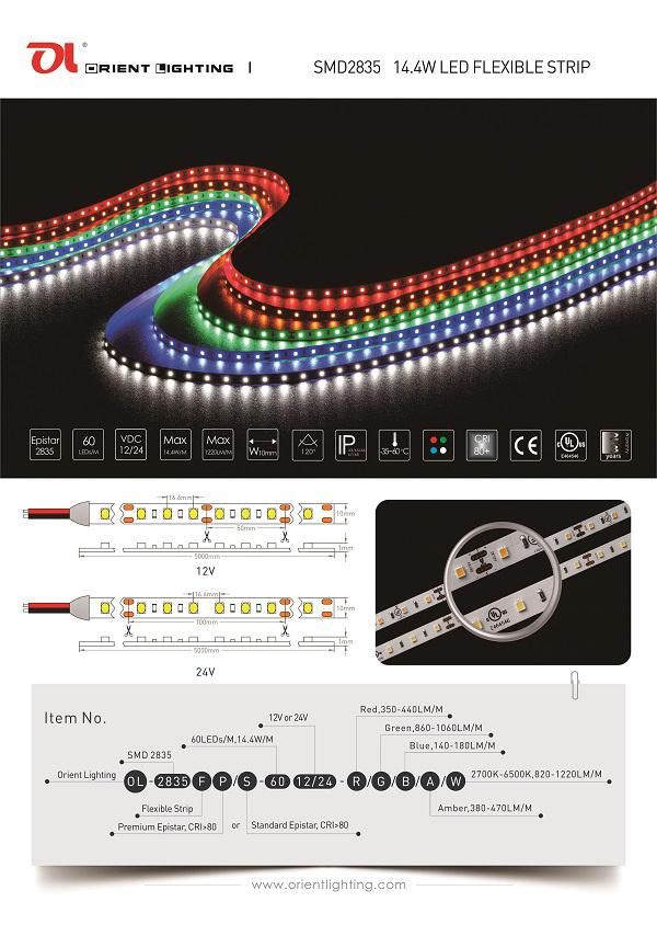 UL Ce 14.4W, 12V SMD2835 IP20 CRI>80 Cold White LED Strip Light