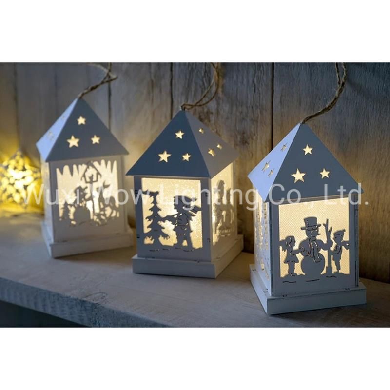 Christmas Hanging Lantern Wood 12 Cm - White Set of 3 - White