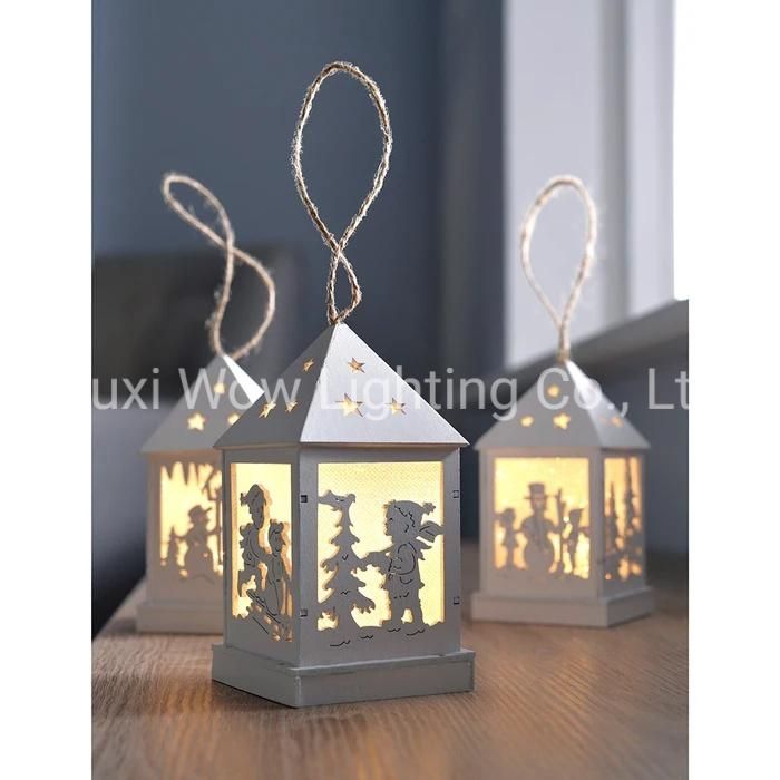 Christmas Hanging Lantern Wood 12 Cm - White Set of 3 - White