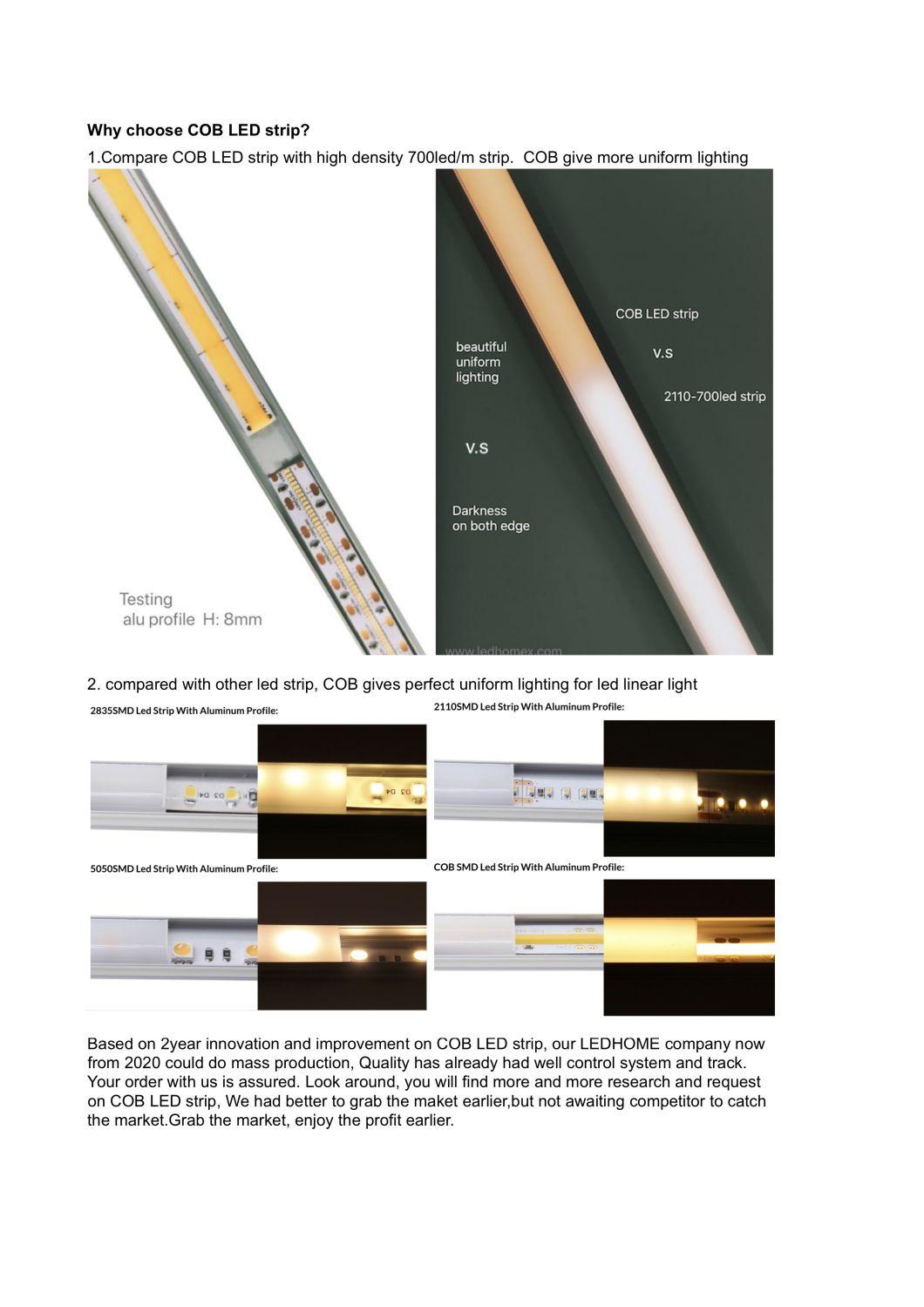 2700K 3000K 4000K 6000K Color IP20 IP65 IP67 Flexible COB LED Strip with 480 PCS Epistar Chip