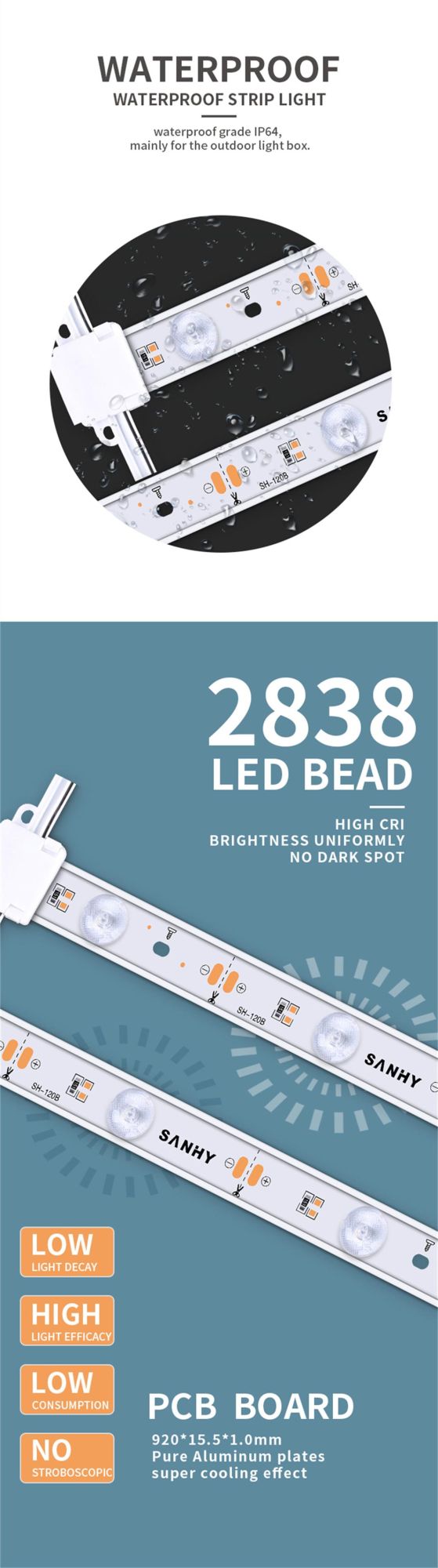 High Lumen Light Box 12V 24V 14.4W SMD 2838 LED Strip Lights