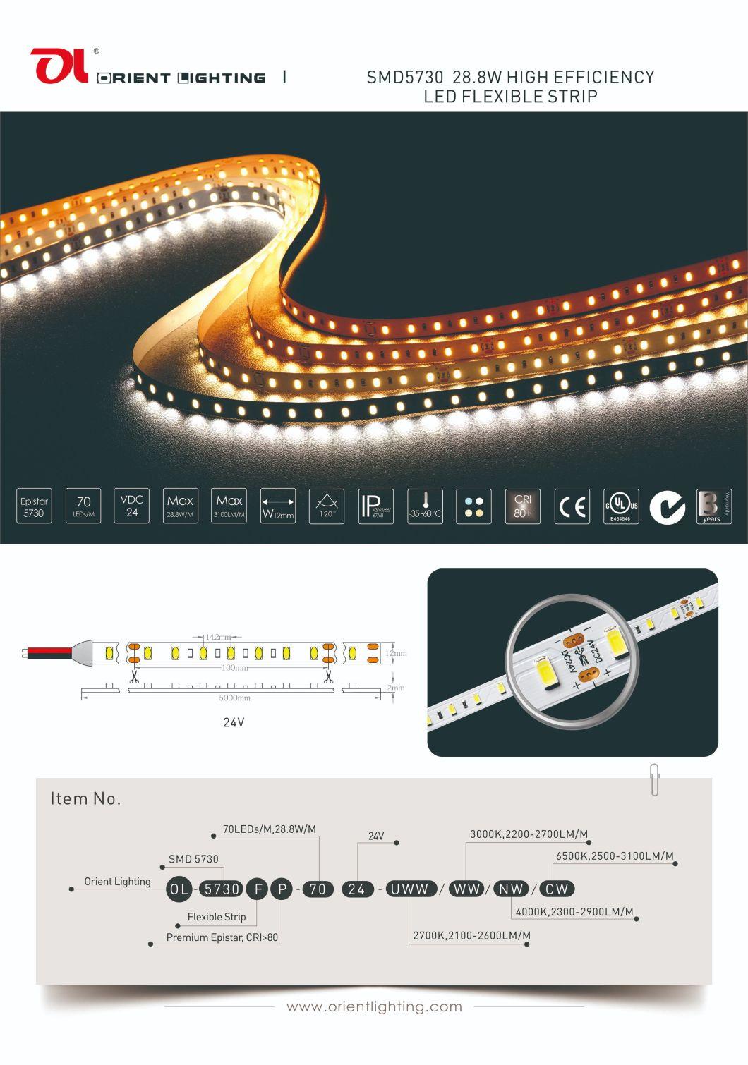 Ce UL Samsung Chip 70LEDs 28.8W 24V IP20 3000K Strip LED