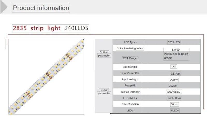 Manufactor Direct Sell Double Rows SMD LED Strip Light 2835 240LEDs/M DC24V for Home/Office/Building