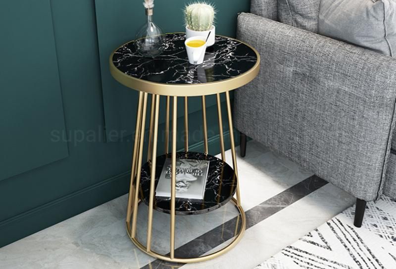 Gold Metal Two Layer Bed Side Table with Marble