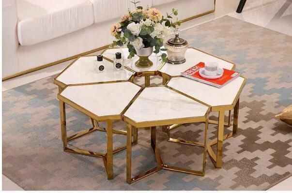 White Black Marble Top and Gold Metal Base Coffee Side Tables